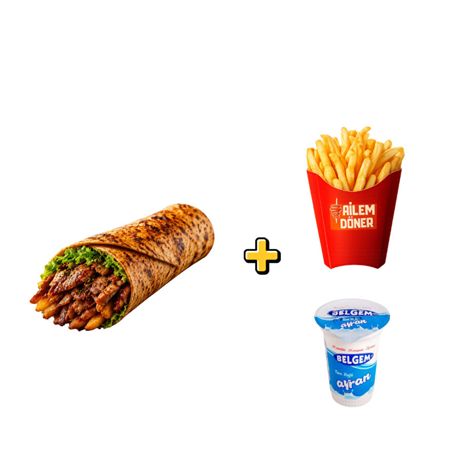 Hatay usulü tavuk döner dürüm, patates kızartması ve ayran menü